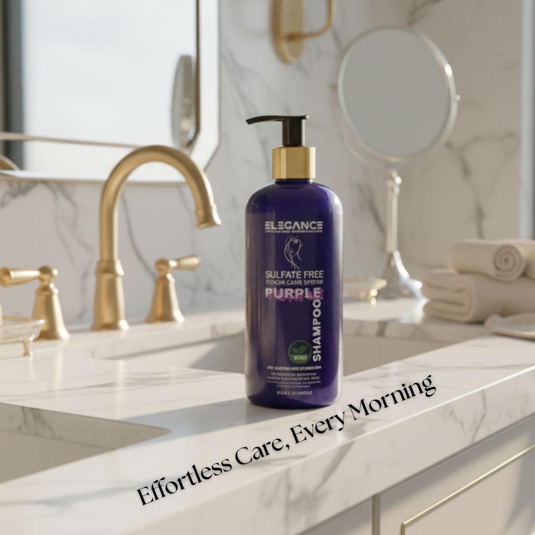 Purple shampoo bottle on a bathroom counter with text 'Elegance Purple Shampoo' and 'Effortless Care, Every Morning'.