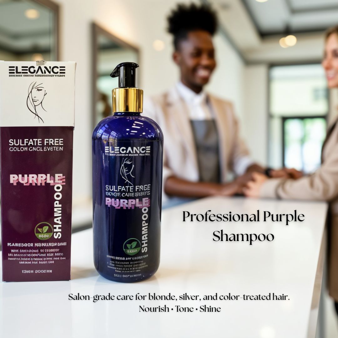 Elegance Purple Shampoo bottle and packaging with blurred salon background