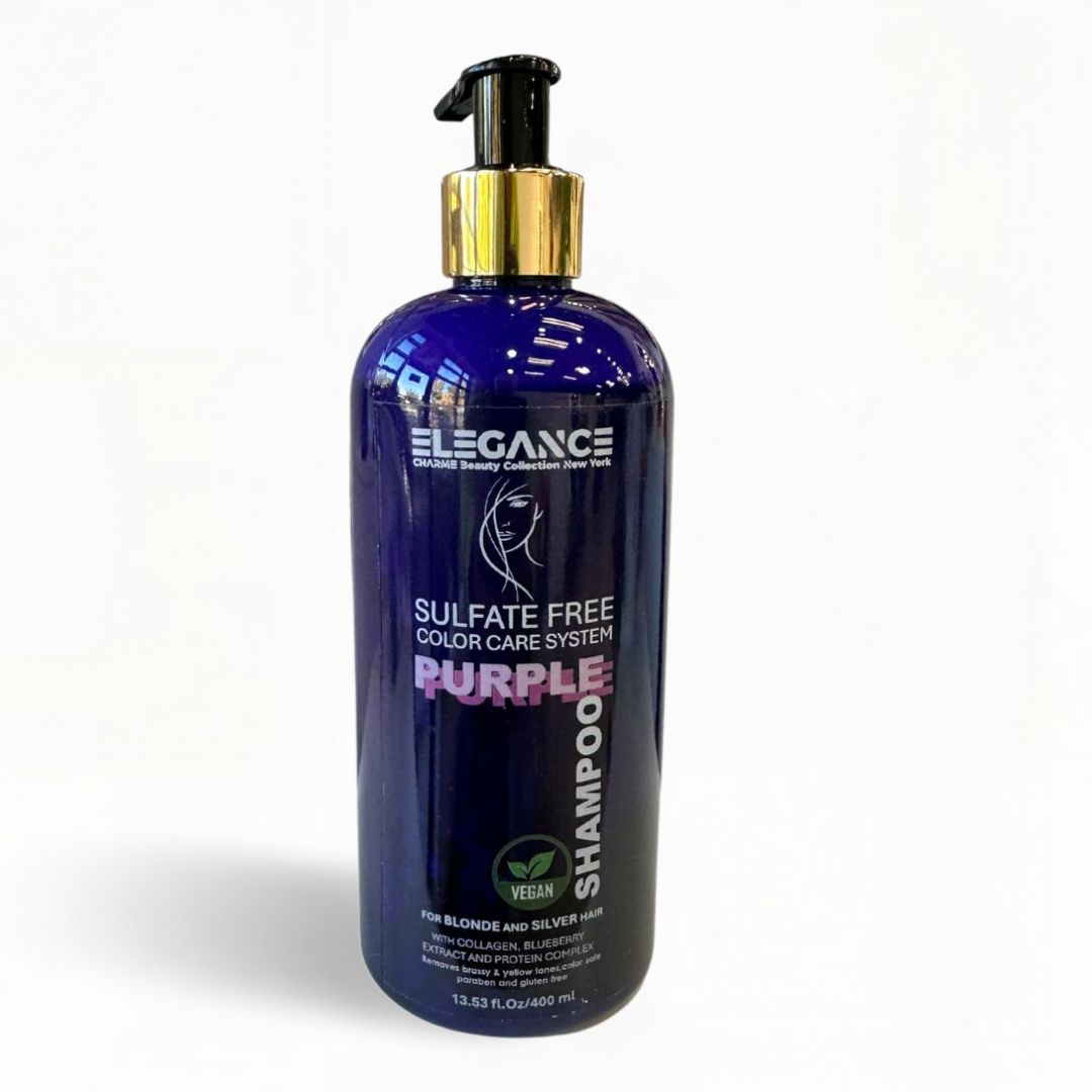 Purple shampoo bottle with pump on a white background