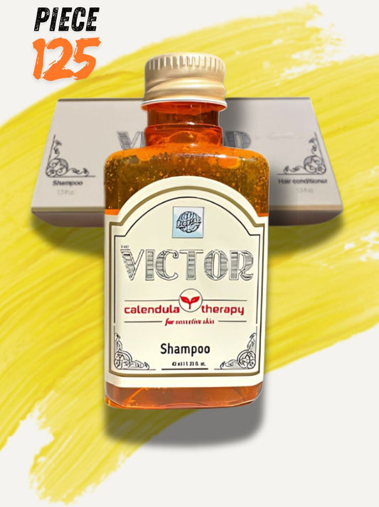 Roomsium Victor Shampoo with bold 125-piece label on yellow background and box in the back
